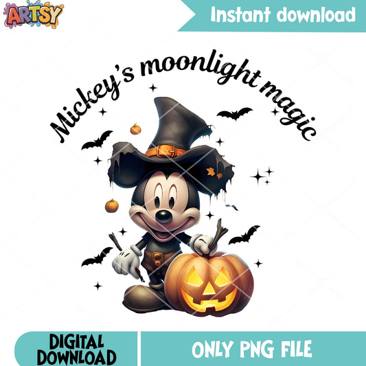 Moonlight magic mickey png, scary pumpkin png, witch costume png