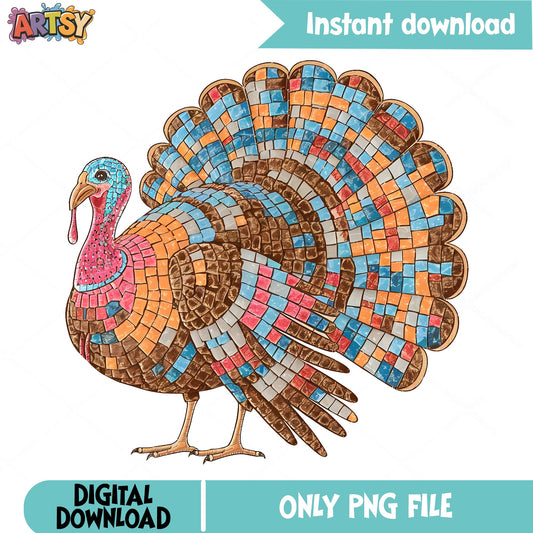 Mosaic Turkey PNG Sublimation, Thanksgiving Turkey PNG, Fall PNG