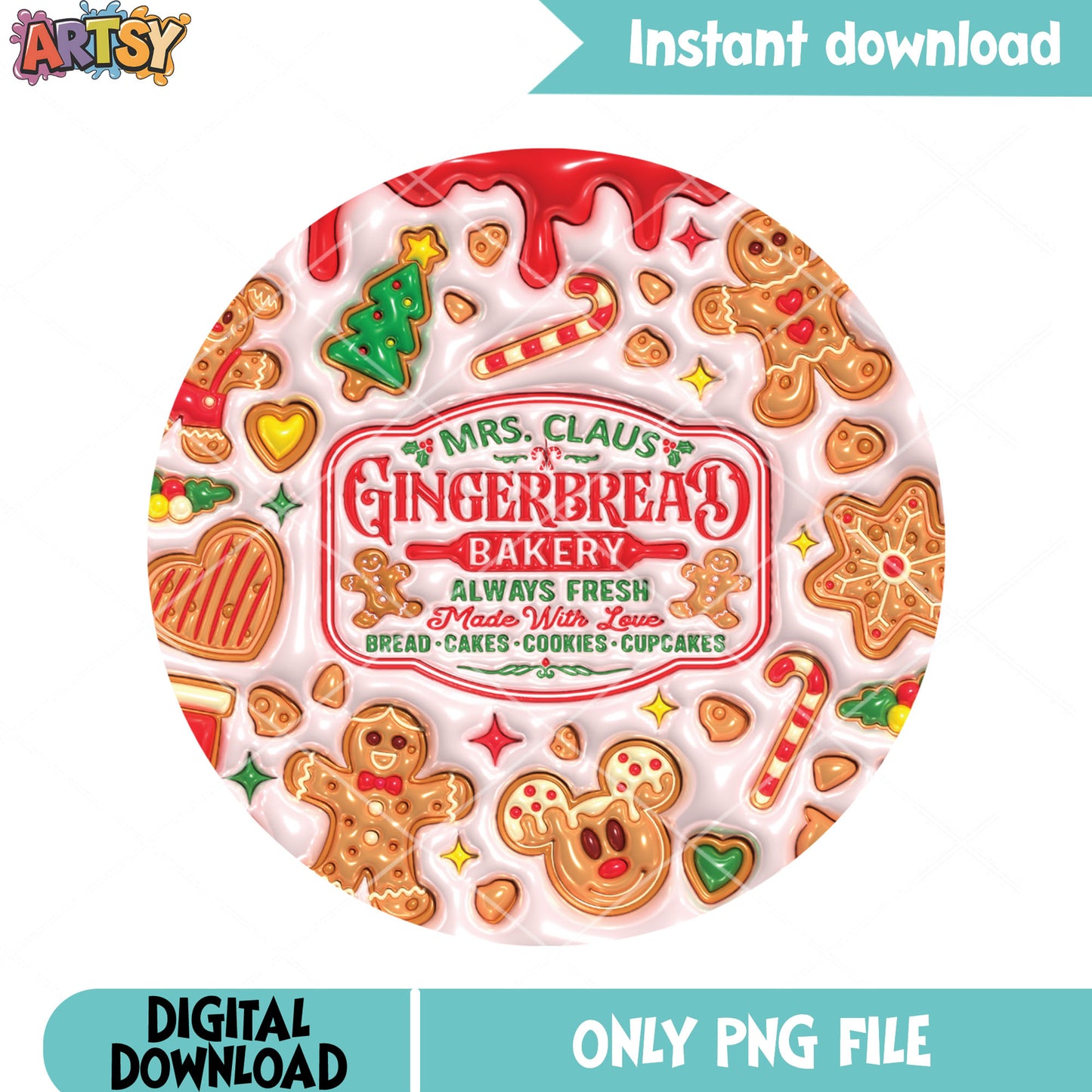 Mr claus gingerbread bakery png, sign mickey cake png, cookie shop png