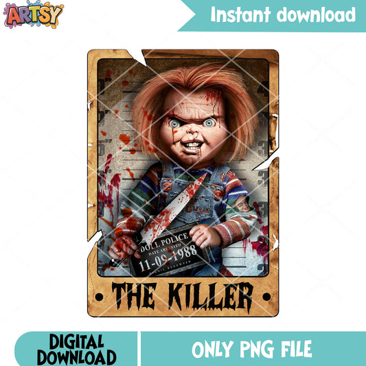 Mug shot chucky the killer png, bloody knife png, halloween movies png