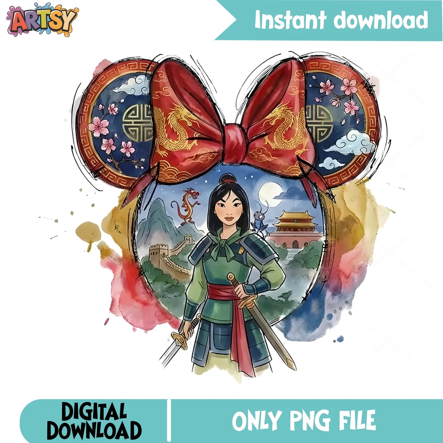 Mulan Disney Princess PNG, Mickey Ears Watercolor PNG, Disney PNG