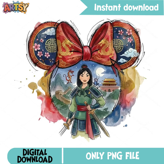 Mulan Disney Princess PNG, Mickey Ears Watercolor PNG, Disney PNG