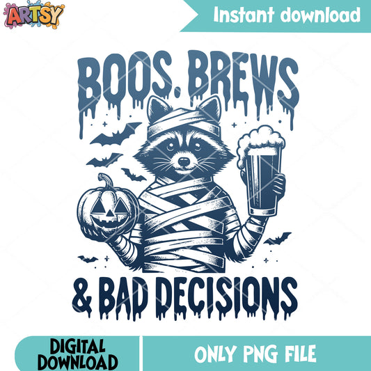 Mummy racoon and beer png, jack o lantern png, halloween scary png