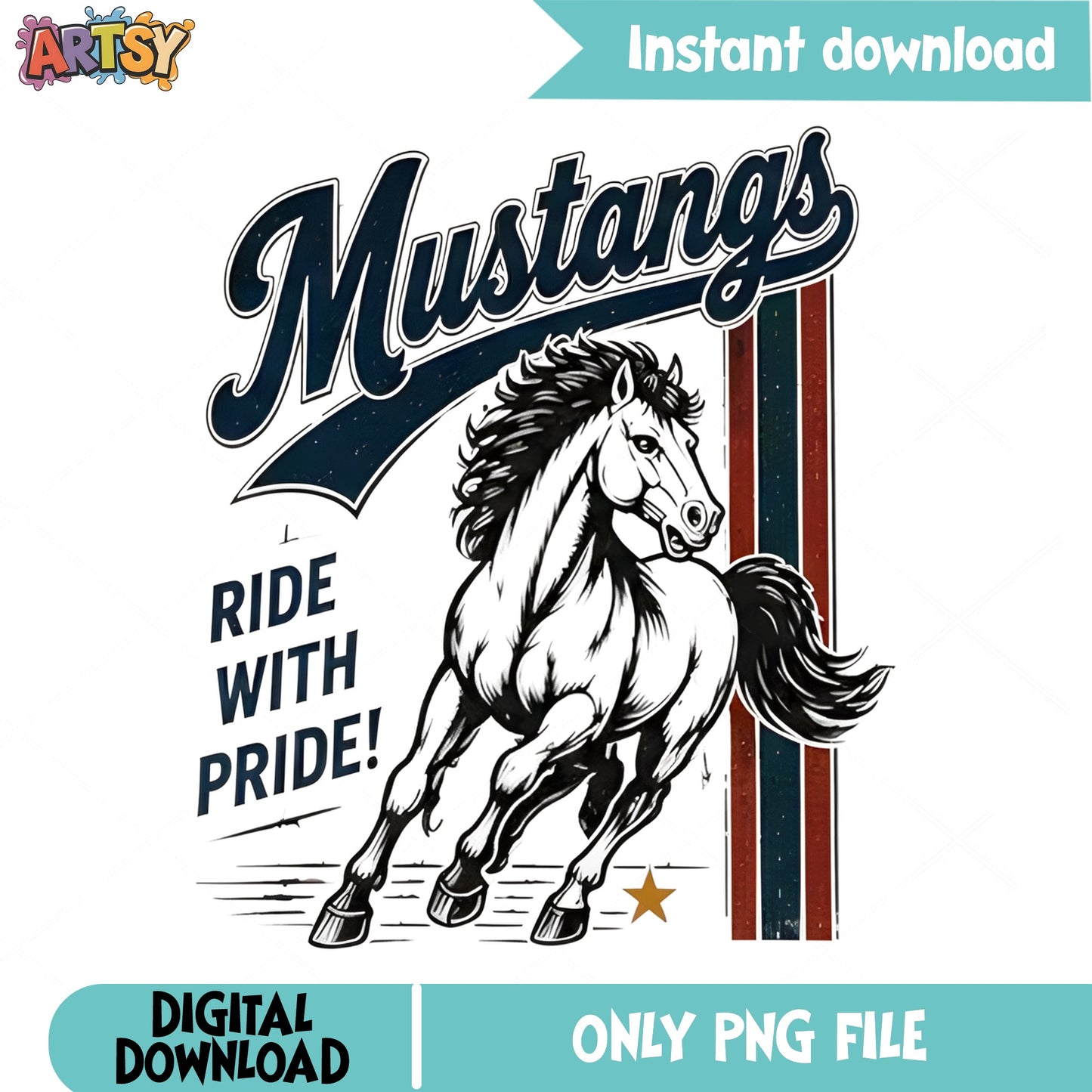 Mustangs Ride With Pride PNG, Retro Horse PNG, School Mascot PNG