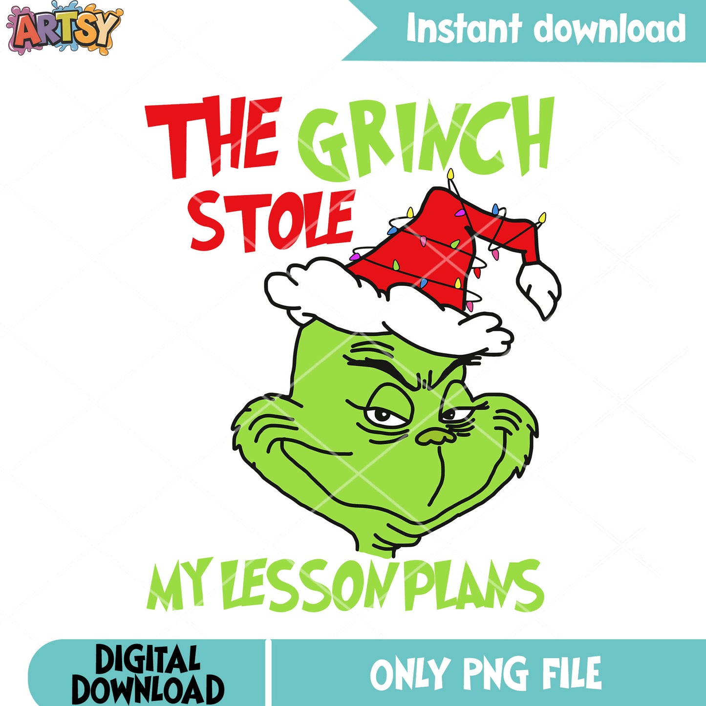My rested grinch face png, christmas lights png, santa hat png
