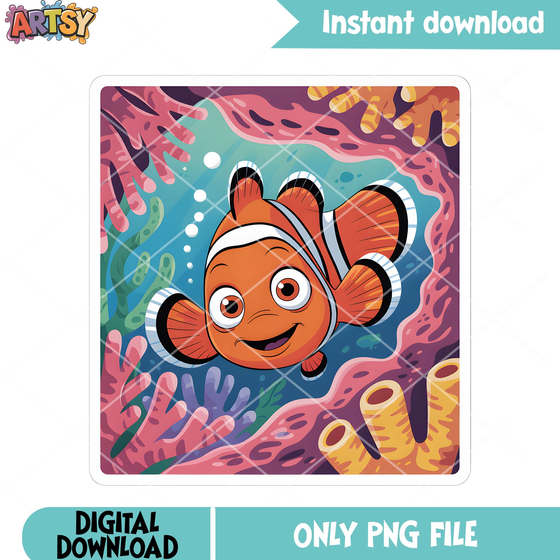 NEmo coral art poster png, disney vibes png, clownfish nemo png