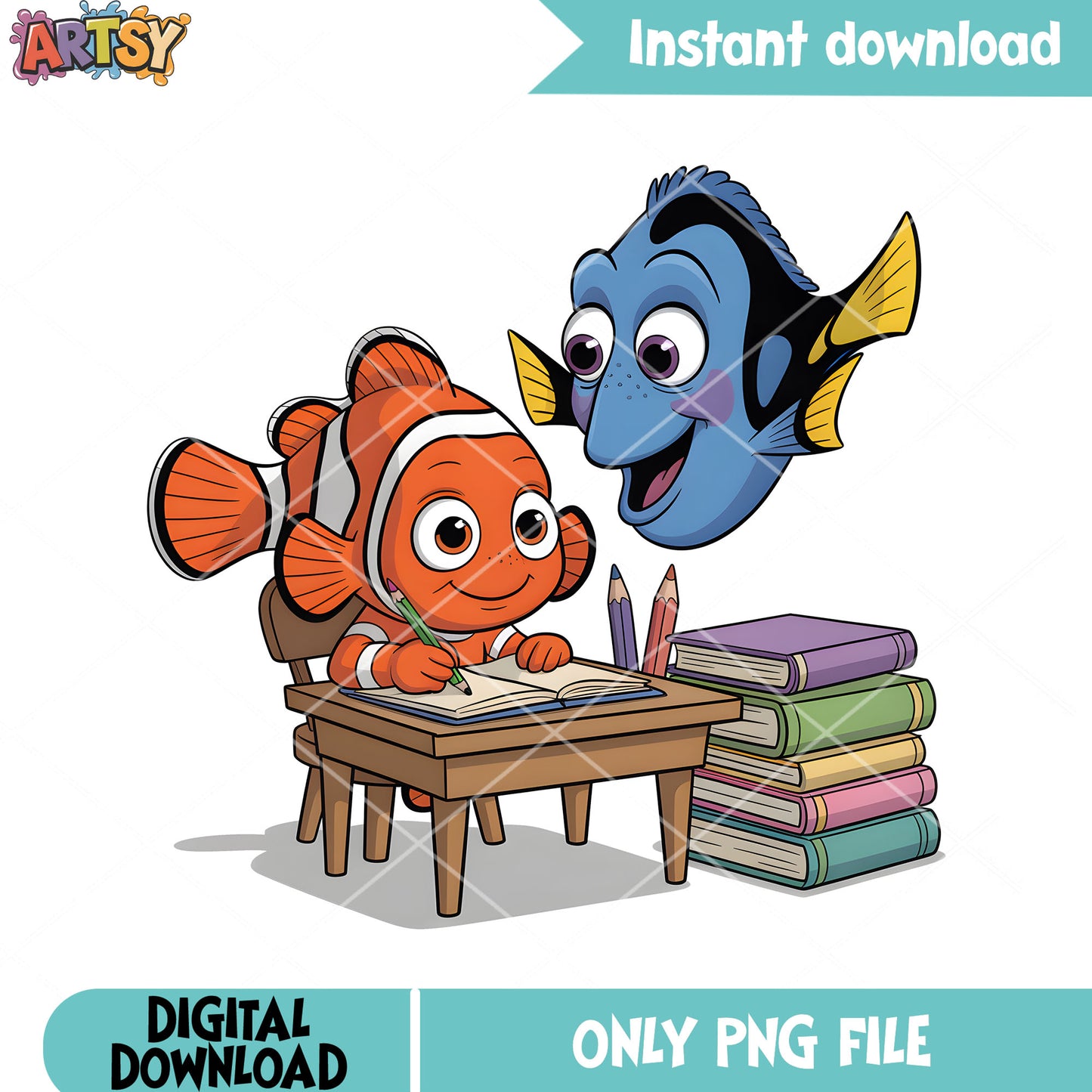 Nemo and his teacher dory png, poster nemo png, disney vibes png