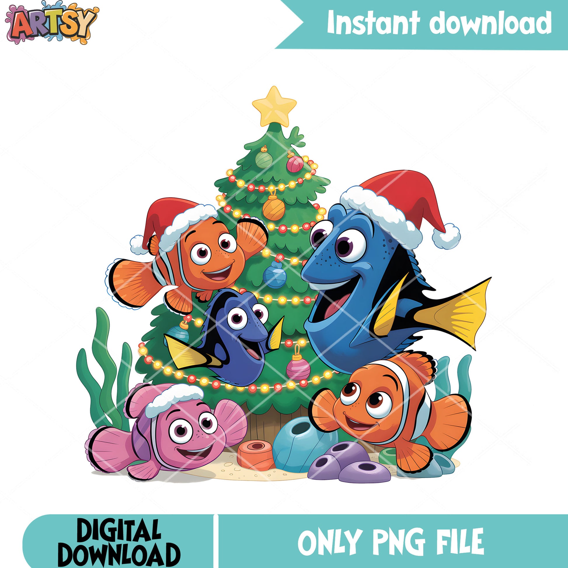 Nemo family xmas vibes png, merry christmas png, disney characters png