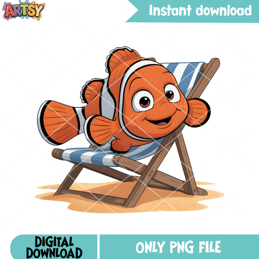 Nemo relax in the beach png, disney vibes png, clownfish nemo png