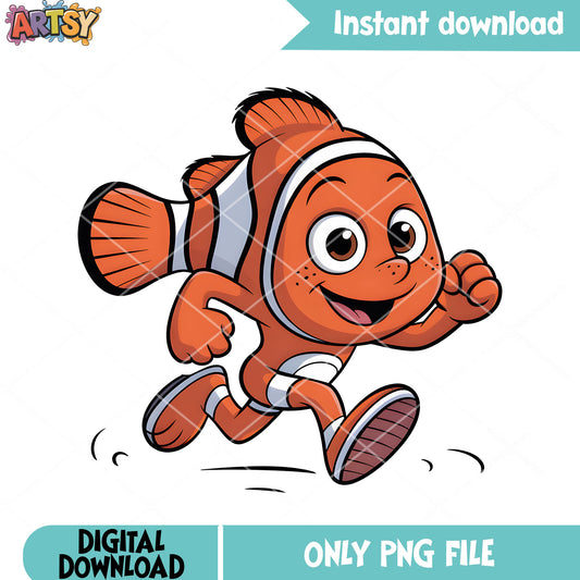 Nemo run sticker png, disney character png, clownfish nemo png
