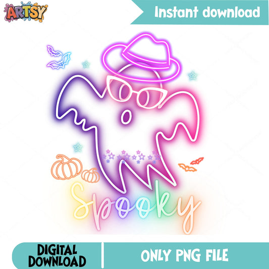Neon Spooky Ghost PNG, Halloween Ghost Sublimation PNG, Cute Ghost PNG