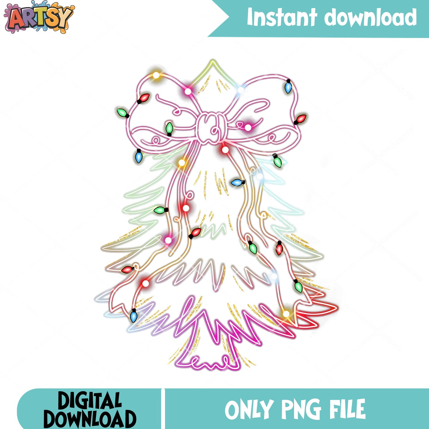 Neon bow tree christmas png, neon lights christmas png, lights png