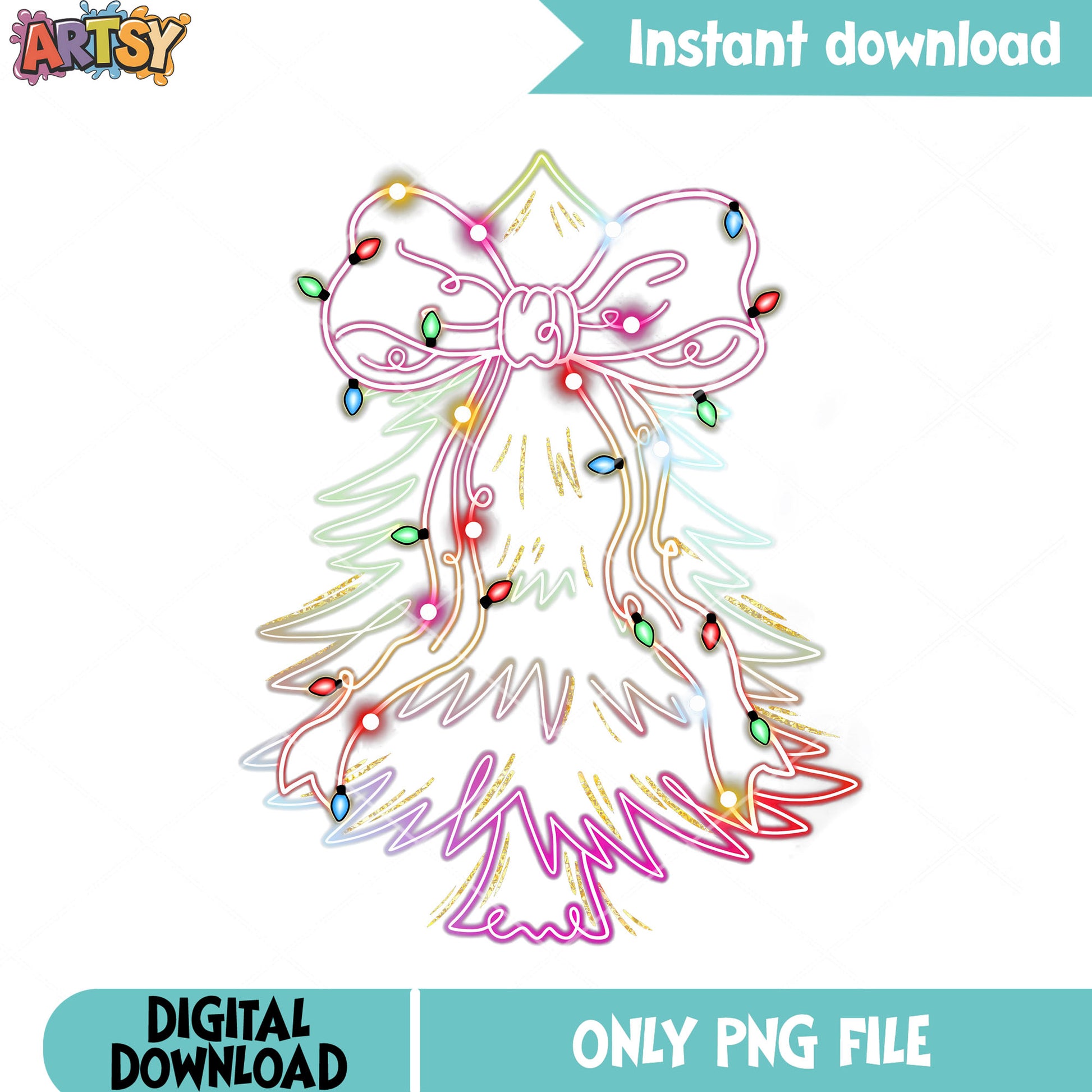 Neon bow tree christmas png, neon lights christmas png, lights png
