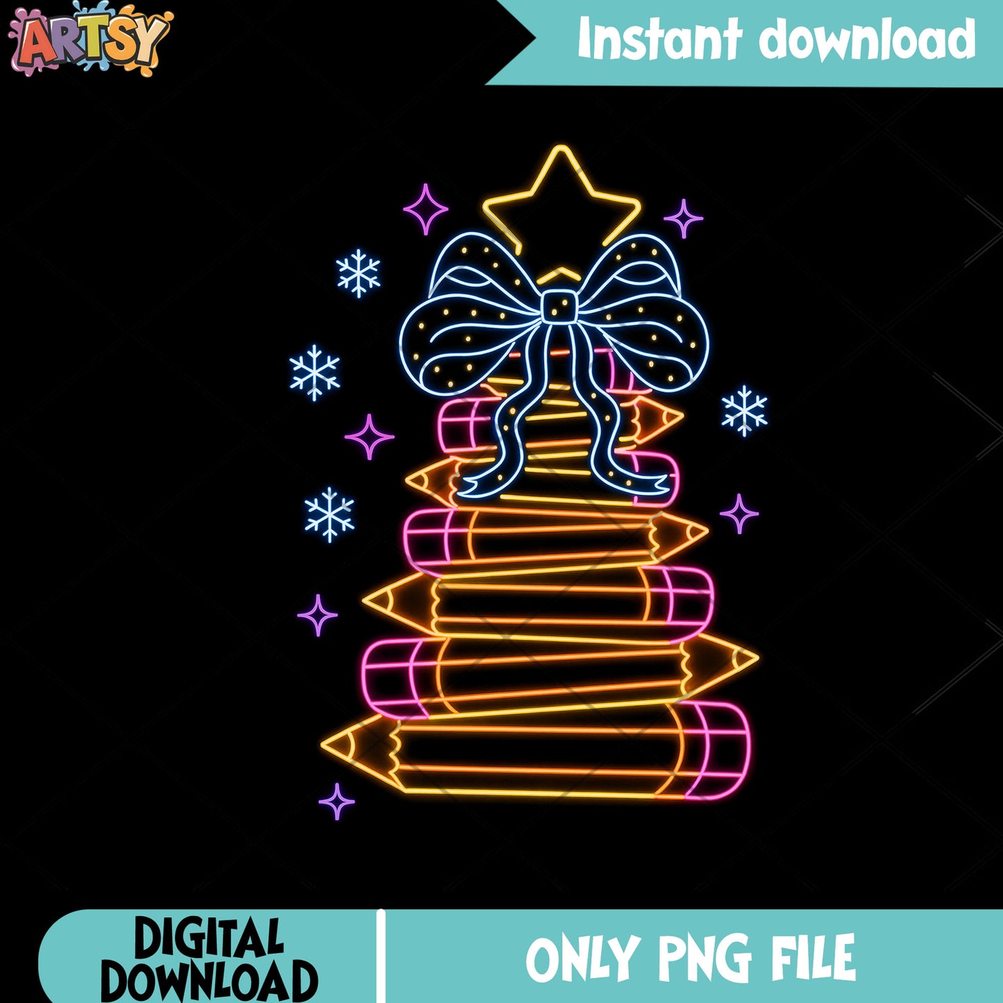 Neon christmas season png, santa claus png, christmas bow png