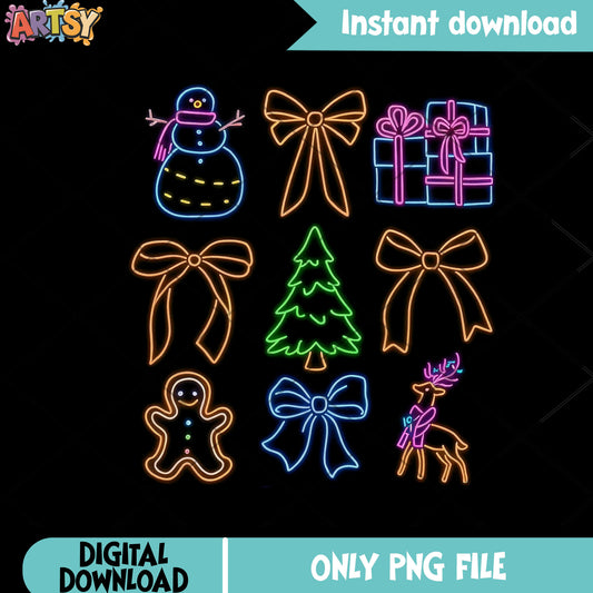 Neon christmas stuff png, christmas gifts png, gingerbread png