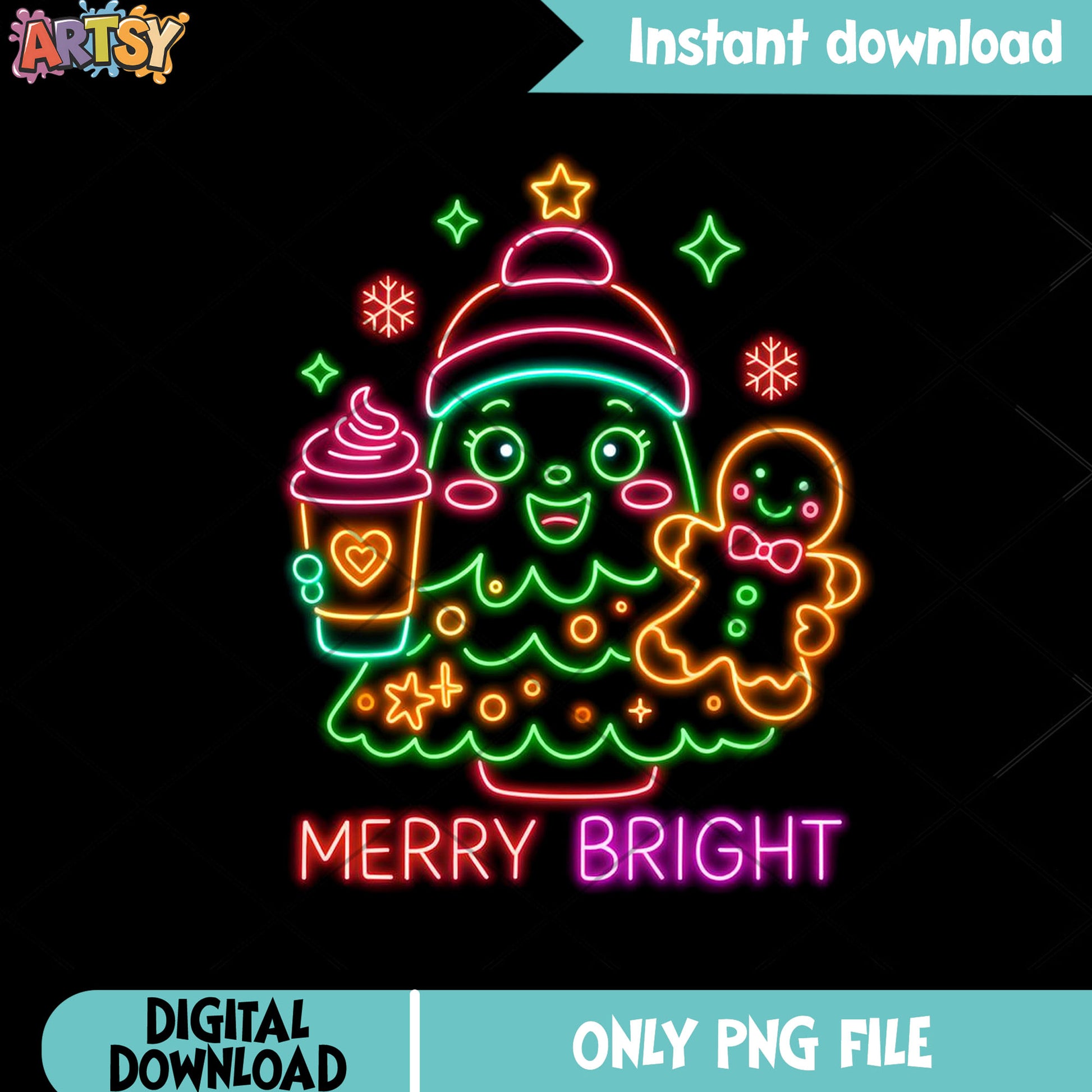 Neon merry bright png, christmas spirit png, christmas gifts png