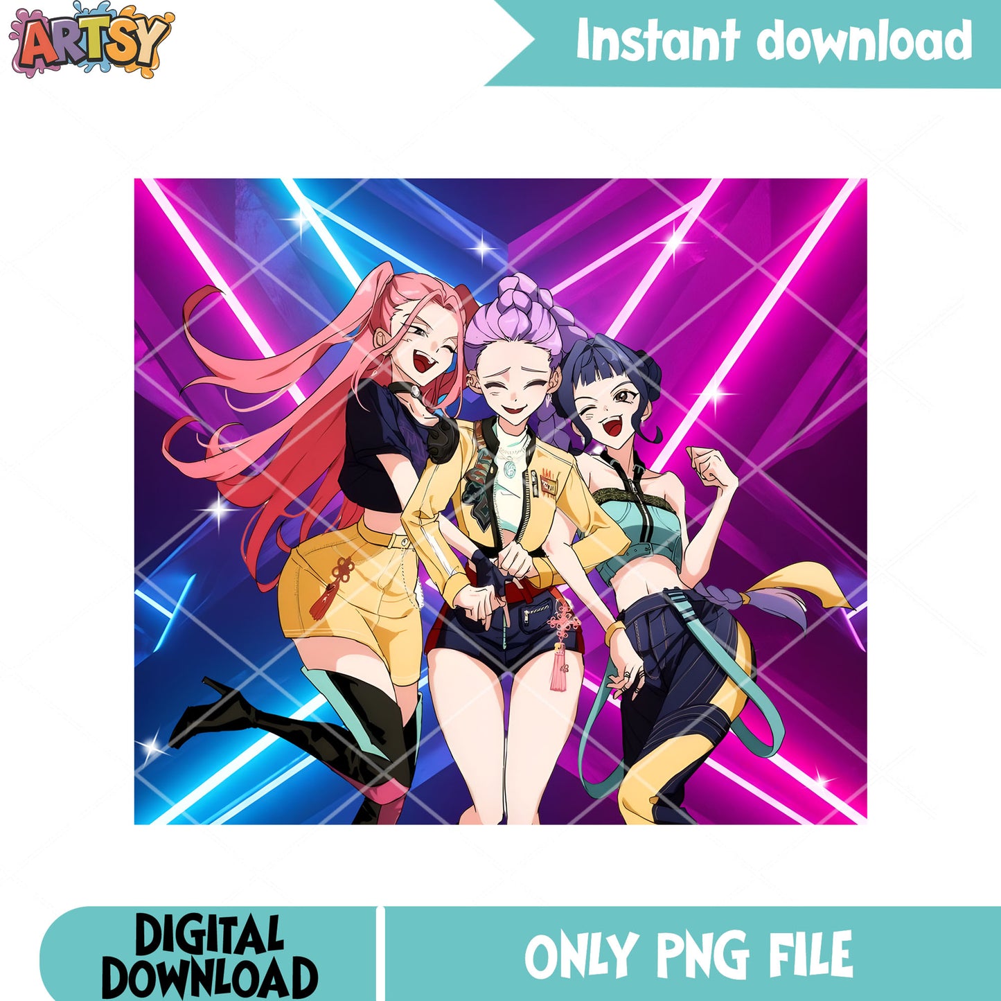 Neon stage huntrix png, kpop huntrix poster png, anime performance png