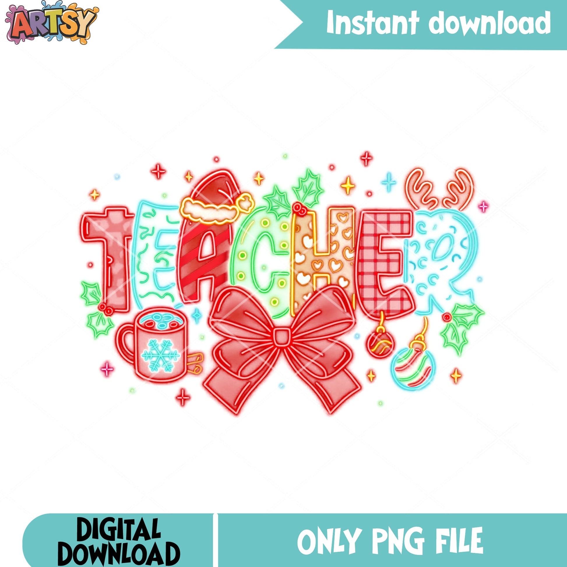 Neon teacher christmas png, teacher day png, christmas bow png