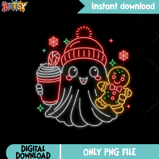 Neon the ghost christmas png, merry xmas png, gingerbread png