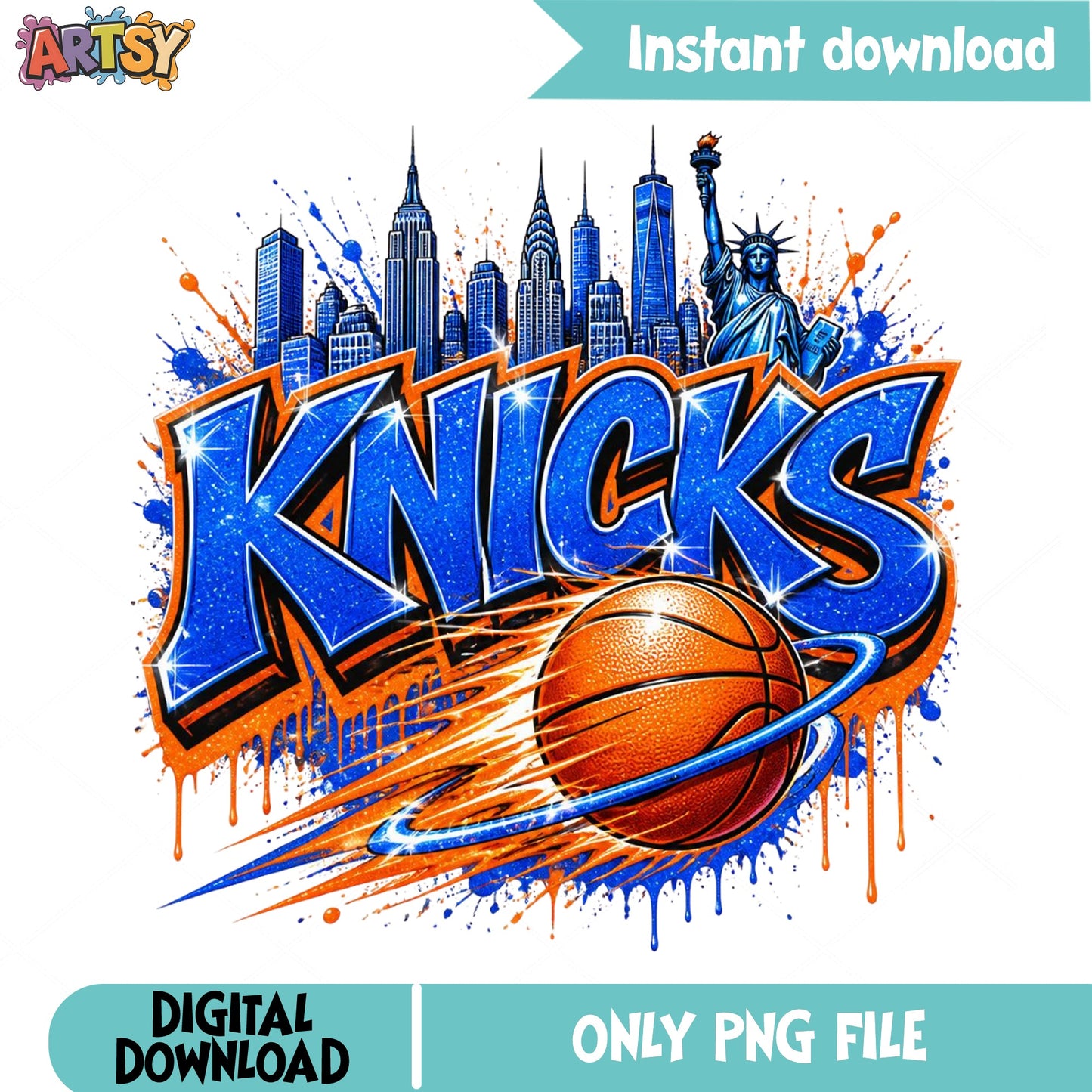 New York Knicks Basketball PNG, Knicks Skyline PNG, NBA Fan PNG