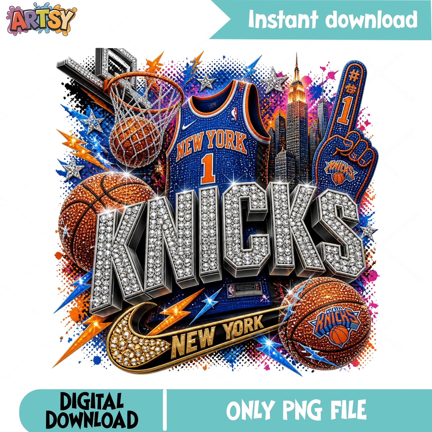 New York Knicks PNG, Basketball Bling Sublimation PNG, NBA Team PNG