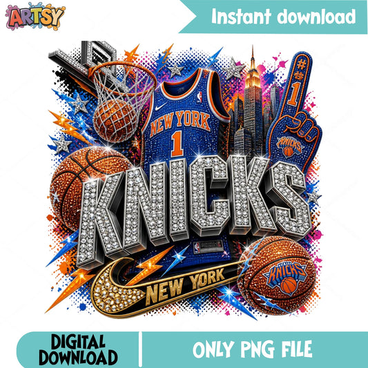 New York Knicks PNG, Basketball Bling Sublimation PNG, NBA Team PNG