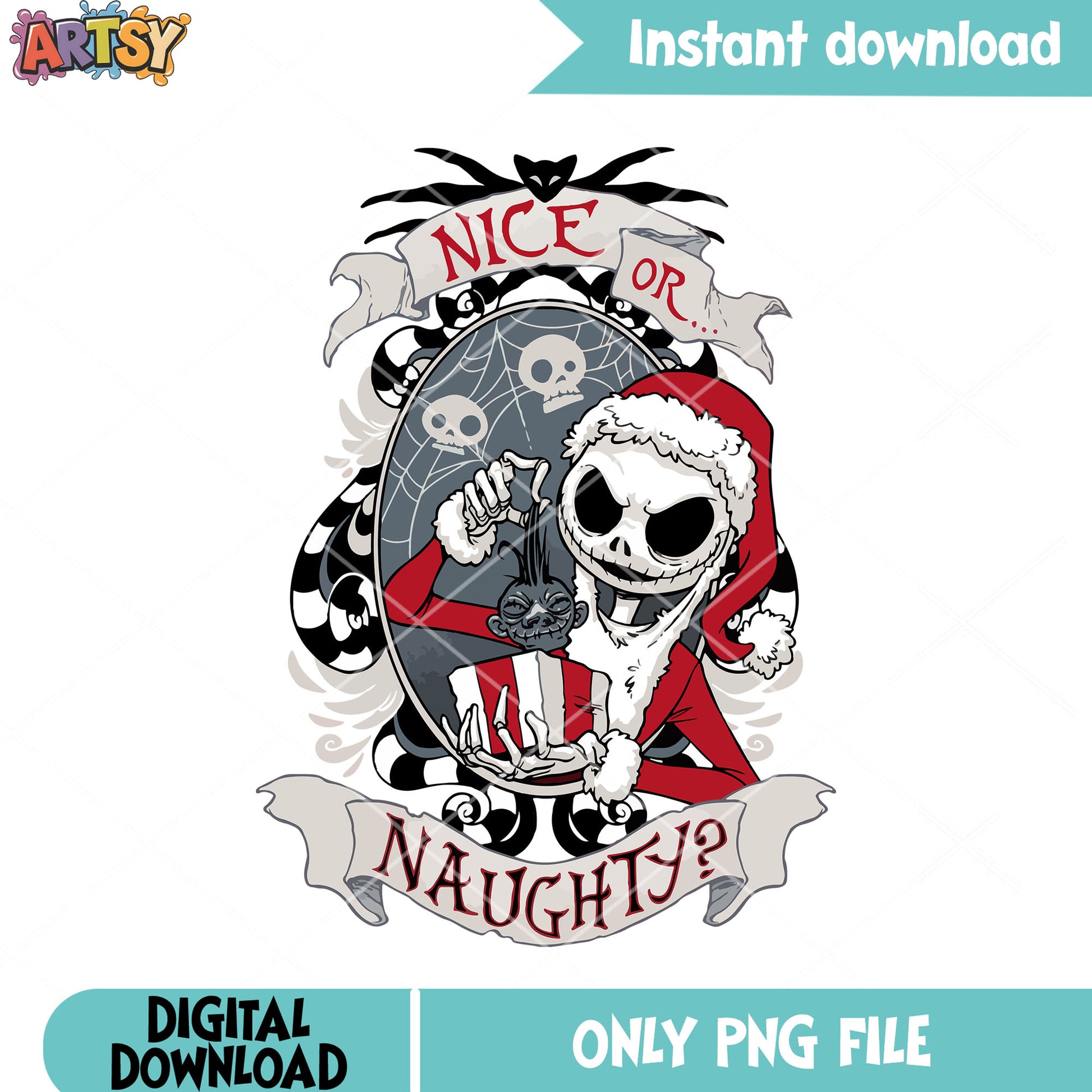 Nice or naughty png, jack skelington png, santa claus costume png