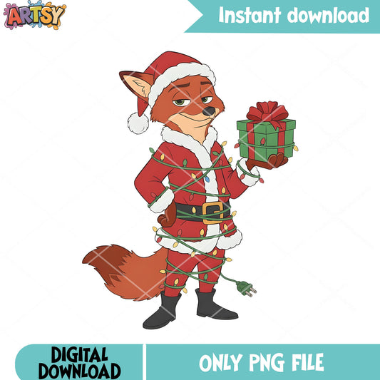 Nick wilde santa costume png, light tangled png, gift christmas png
