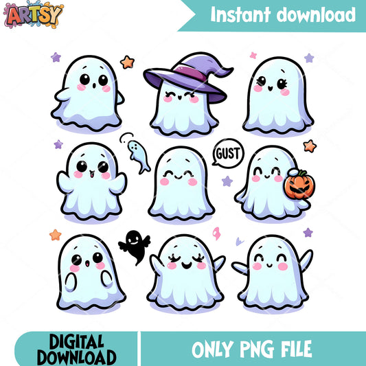 Nine figure ghost png, jack o lantern png, halloween scary png