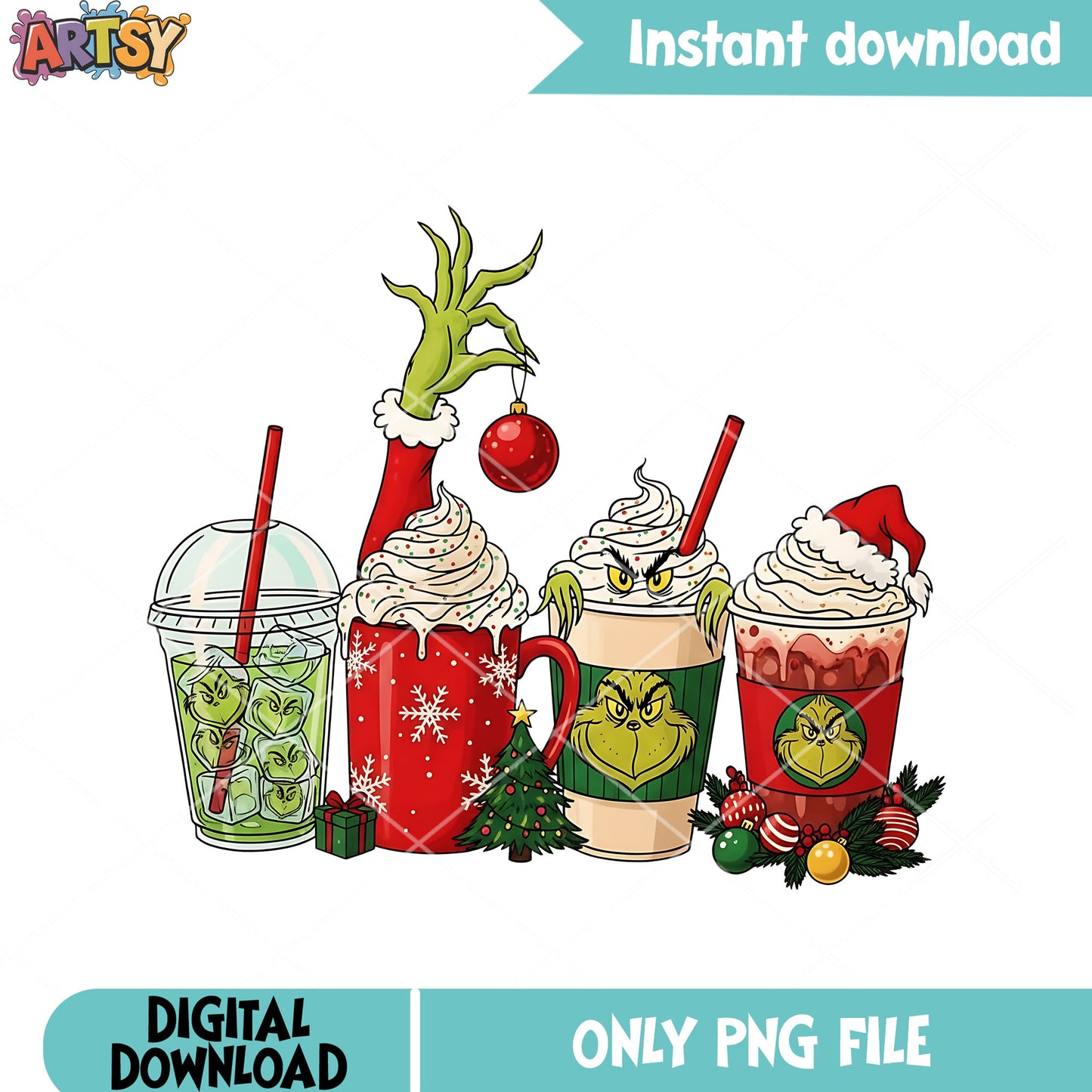 Noel night christmas monster png, the grinch png, hot chocolate png