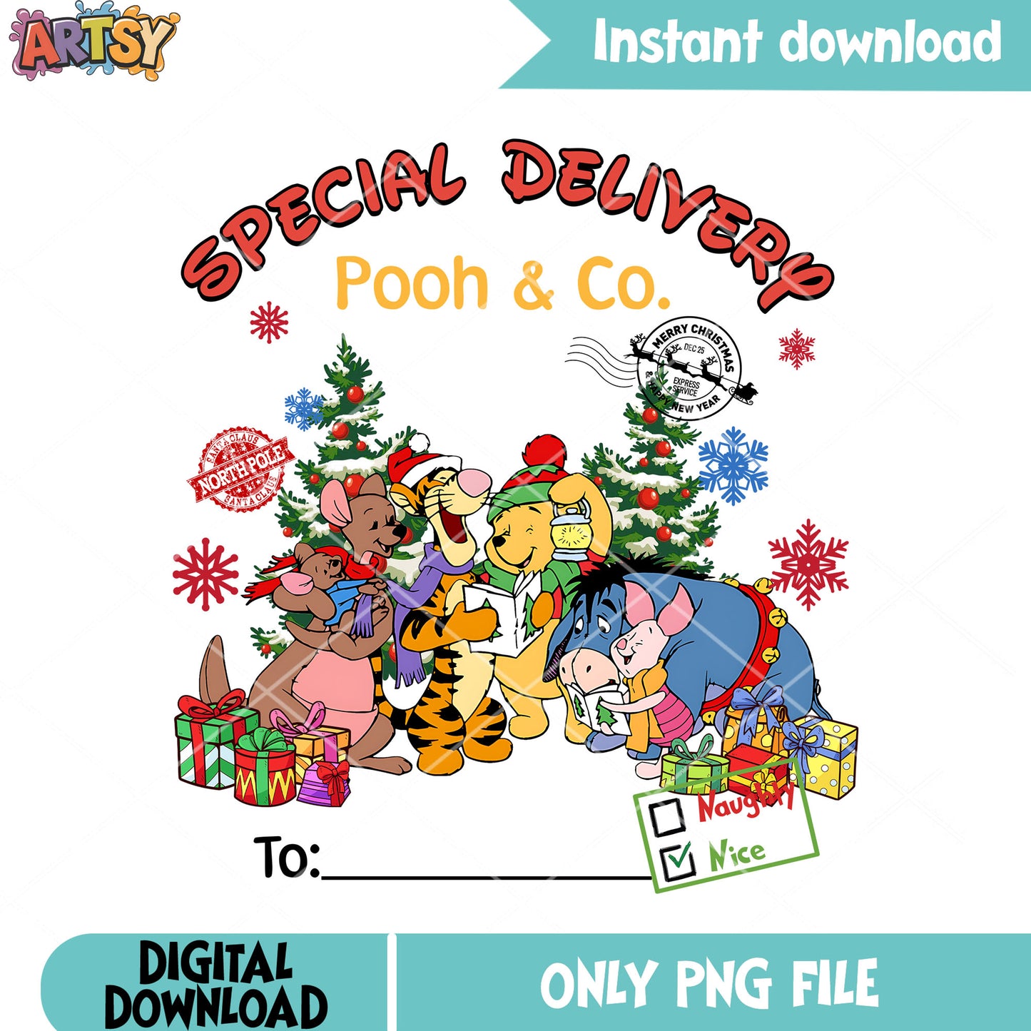 North pole Pooh special png, christmas stamps png, winnie the pooh png