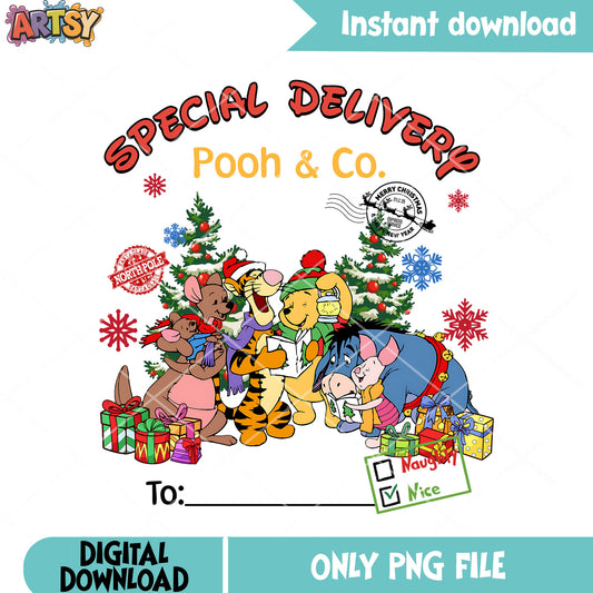 North pole Pooh special png, christmas stamps png, winnie the pooh png