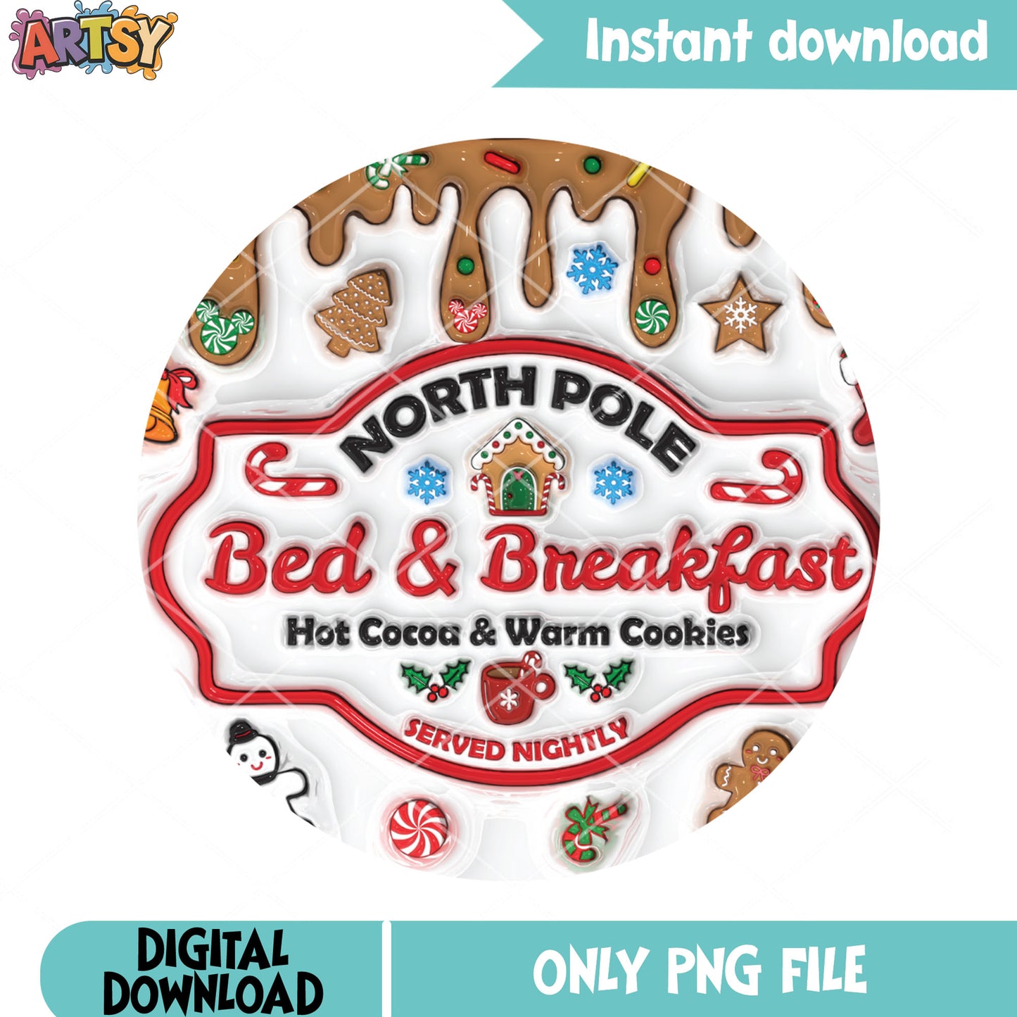 North pole bed breakfast png, christmas door hanger png, bakery png