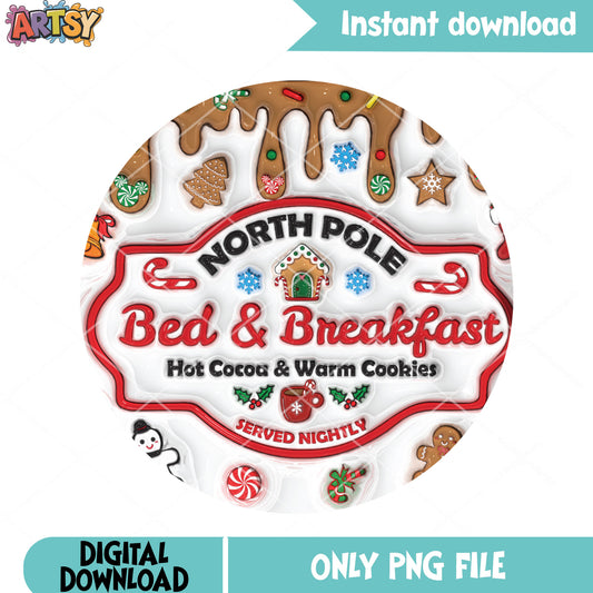 North pole bed breakfast png, christmas door hanger png, bakery png