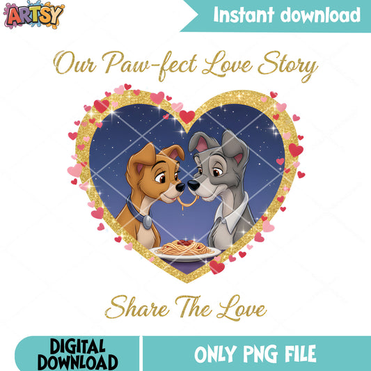 Our paw fect love story png, disney valentine png, Lady and the Tramp png