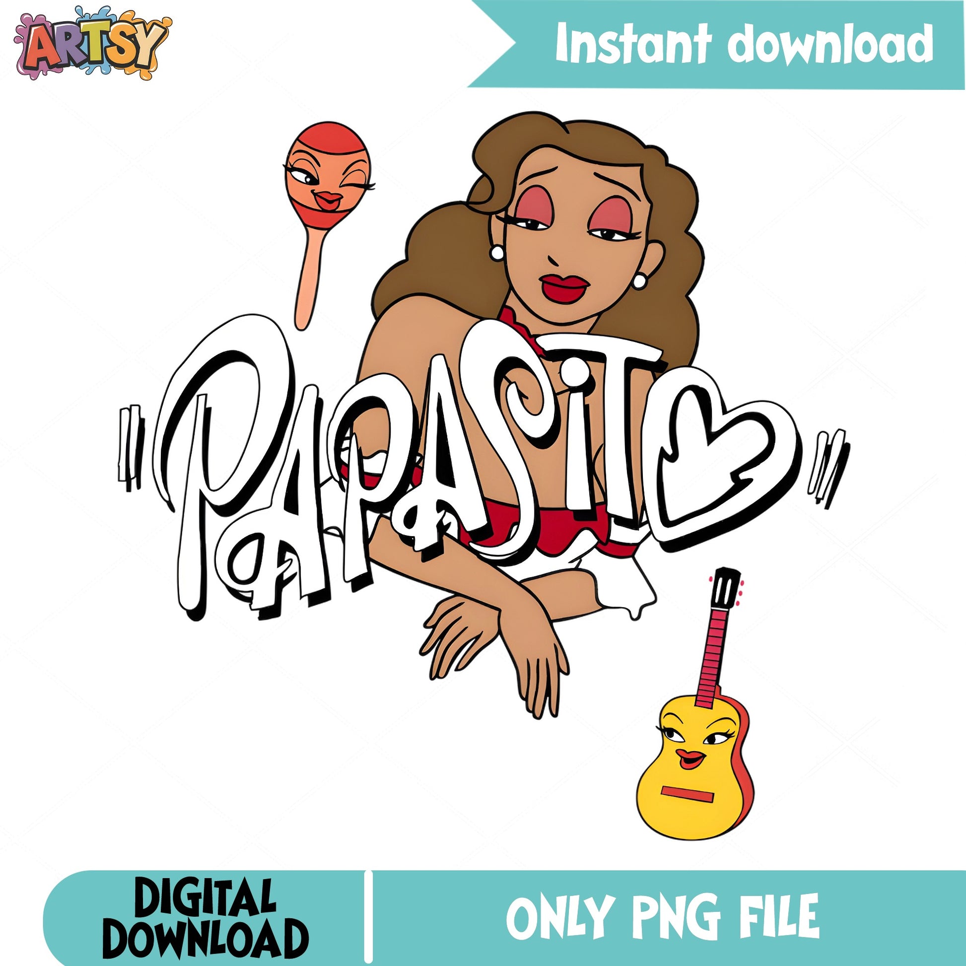 Papasito Latina Girl PNG, Maracas Guitar Clipart, Instant Download PNG