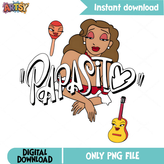 Papasito Latina Girl PNG, Maracas Guitar Clipart, Instant Download PNG