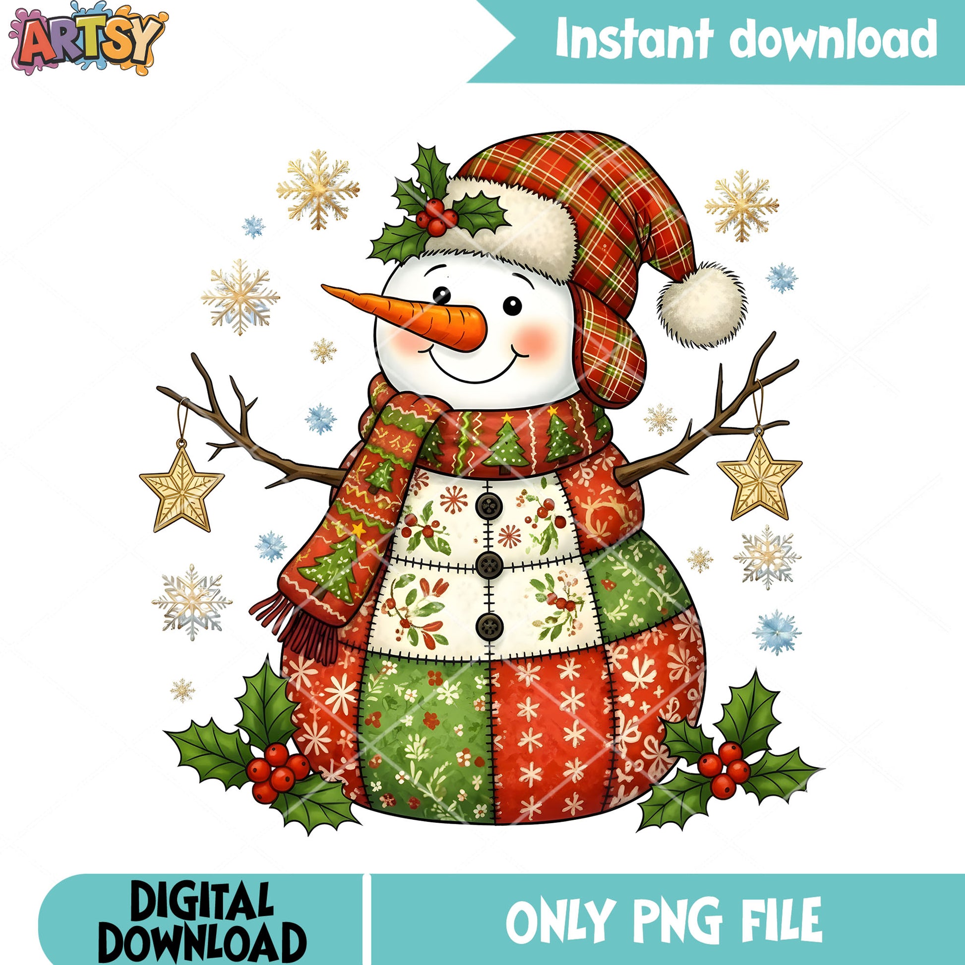 Patchwork snowman png, carrot nose png, christmas star​ png
