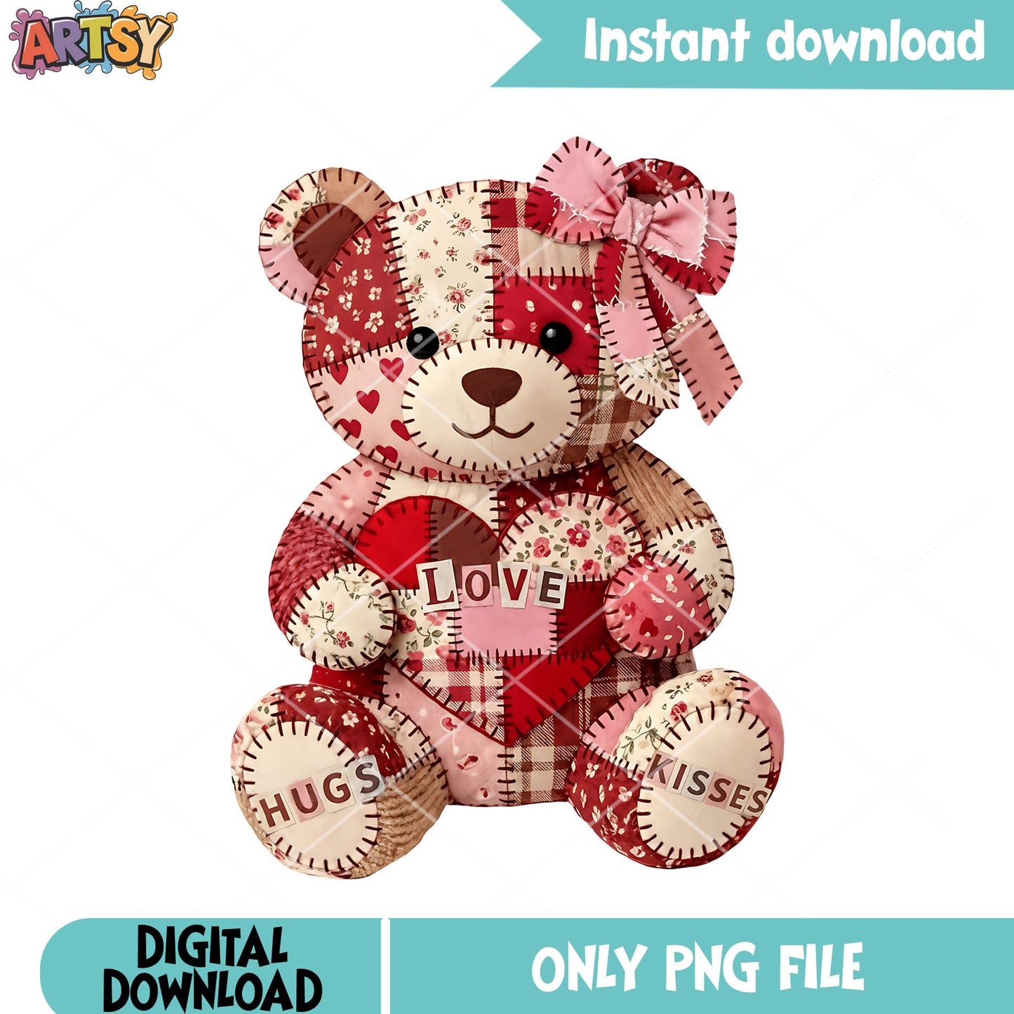 Patchwork teddy bear png,hug kisses love png,valentine plush toy png