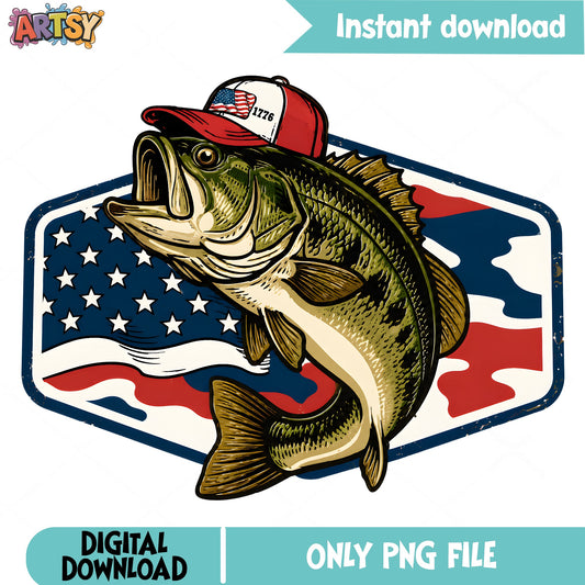 Patriotic Bass Fish Fishing PNG, 4th Of July PNG, American Flag PNG