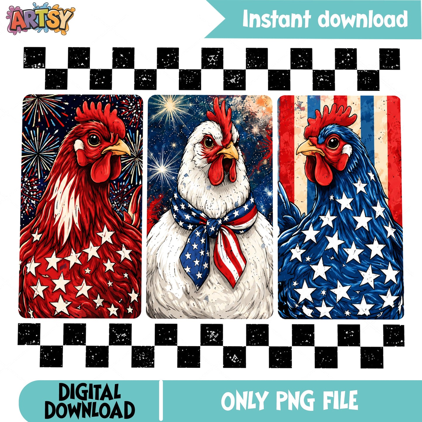 Patriotic Chicken Bundle PNG, 4th Of July PNG, Rooster PNG