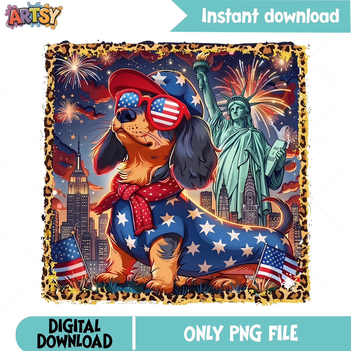 Patriotic Dachshund 4th Of July PNG, American Dog PNG, Fireworks PNG