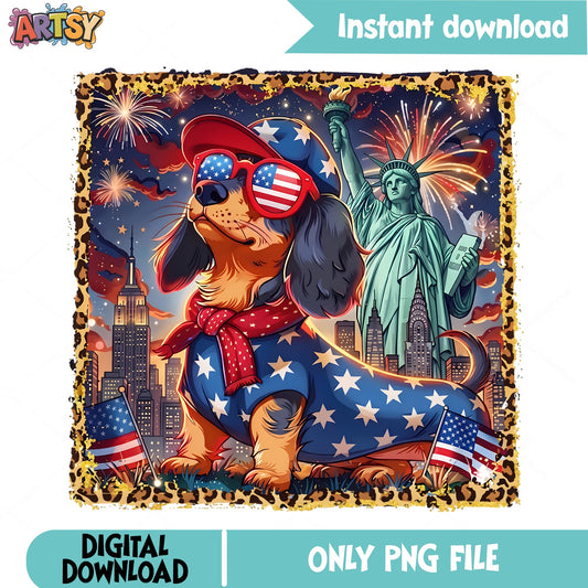 Patriotic Dachshund 4th Of July PNG, American Dog PNG, Fireworks PNG