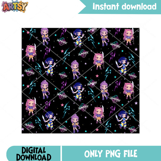 Pattern kpop huntrix png, chibi pattern png, sticker chibi png