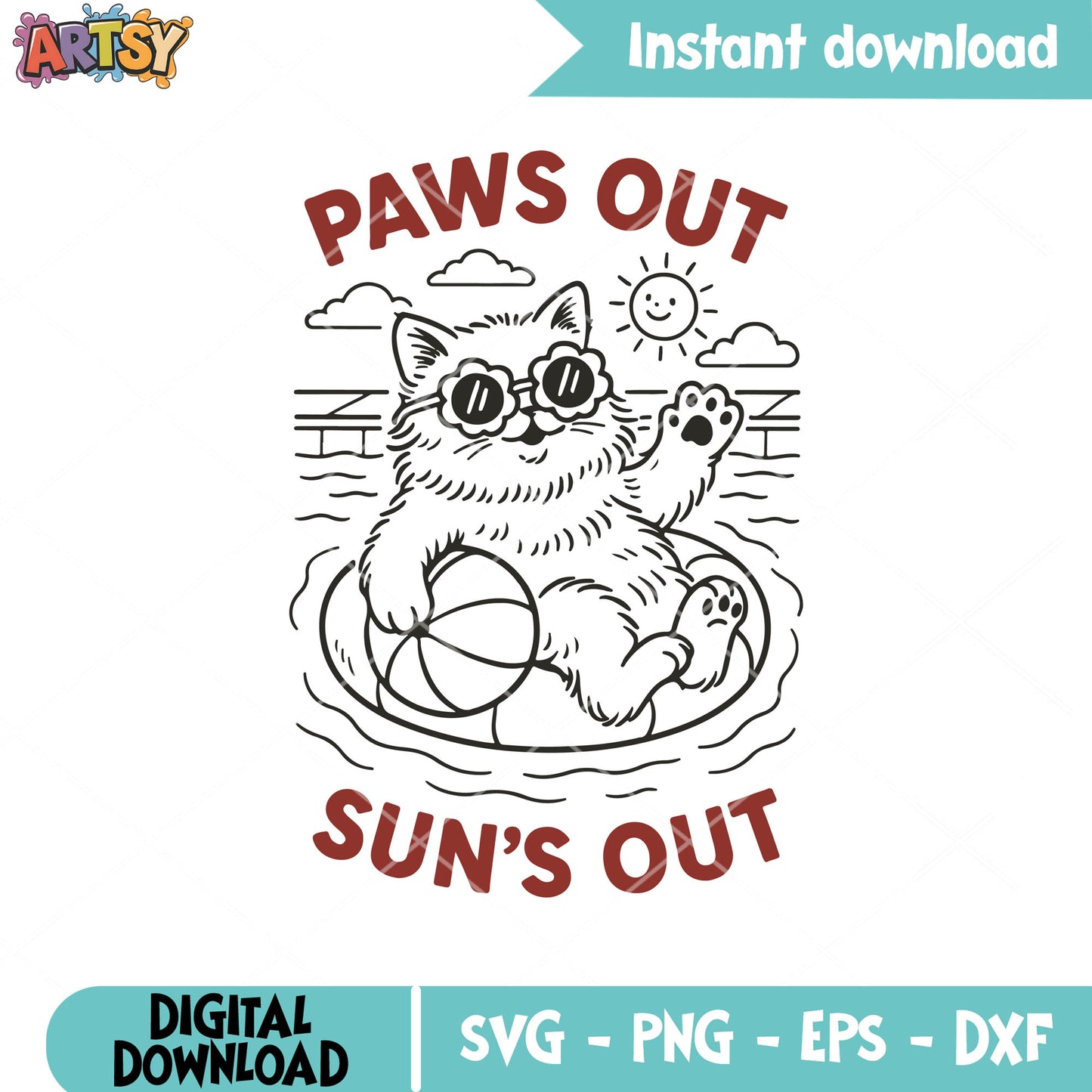 Paws out suns out cat svg, retro summer svg, cat summer svg
