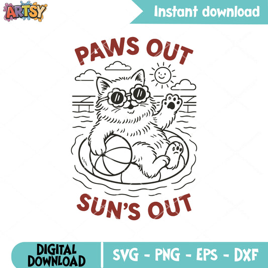 Paws out suns out cat svg, retro summer svg, cat summer svg