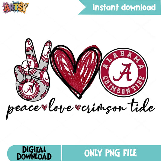 Peace Love Alabama Crimson Tide PNG, Alabama Football PNG, Roll Tide PNG