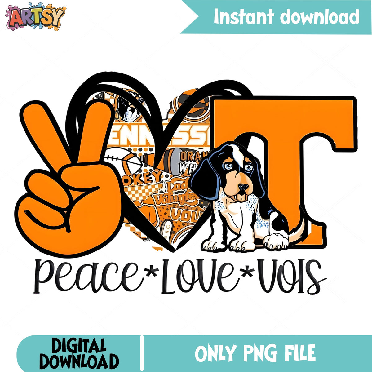 Peace Love Vols PNG, Tennessee Volunteers PNG, Smokey Dog PNG