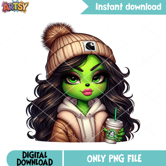 Peak grinch girl christmas png, hot cocoa png, the grinch png