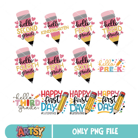 Pencil first day school png bundle, school day png, pencil school png
